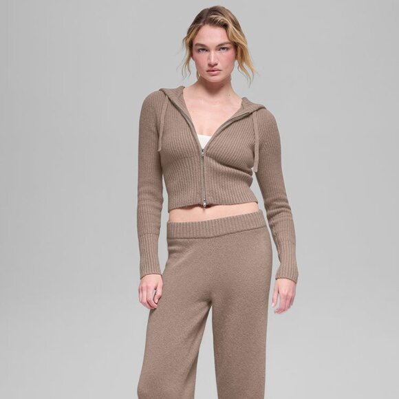 Alo Yoga Cashmere Ribbed Noble Full Zip Hoodie  Chai Latte - Picture 1 of 4